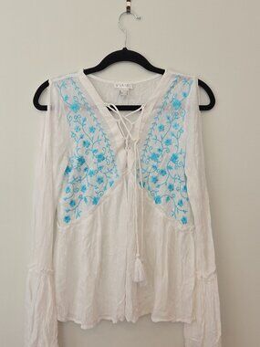 VENUS Boho Embroidered Tie Front Blouse White Teal Floral Size 2